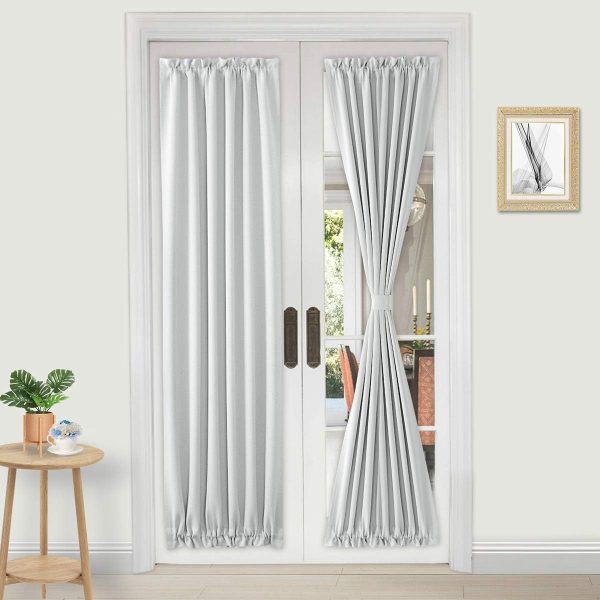 French Door Curtains – Rod Pocket Thermal Blackout Curtain for Doors with Glass Window, Kitchen and Patio Doors for Privacy, 25 X 72 Inches Long, 1 Curtain Panel with Tieback, Greyish White