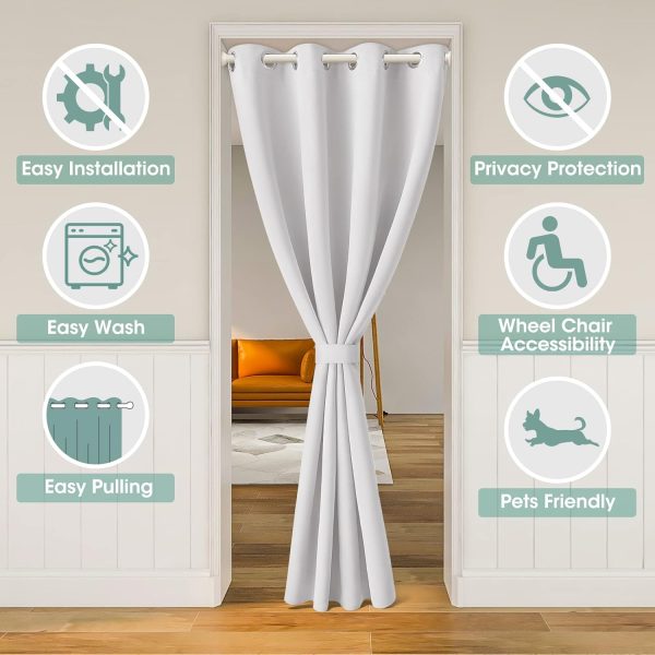 Greyish White Doorway Curtains, Privacy Grommet Closet Curtain for Bedroom, W39 x L78 Inch Solid Blackout Door Coverings, Tie Back Insulated Window Drape, 1 Panel - Image 2