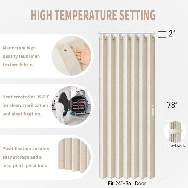 Closet Curtains, Accordion Style Door Curtains for Doorways, Pleated Folding Doors Curtain for Closet and Room Divider, 1 Panel, W39 x L78, Beige - Image 2